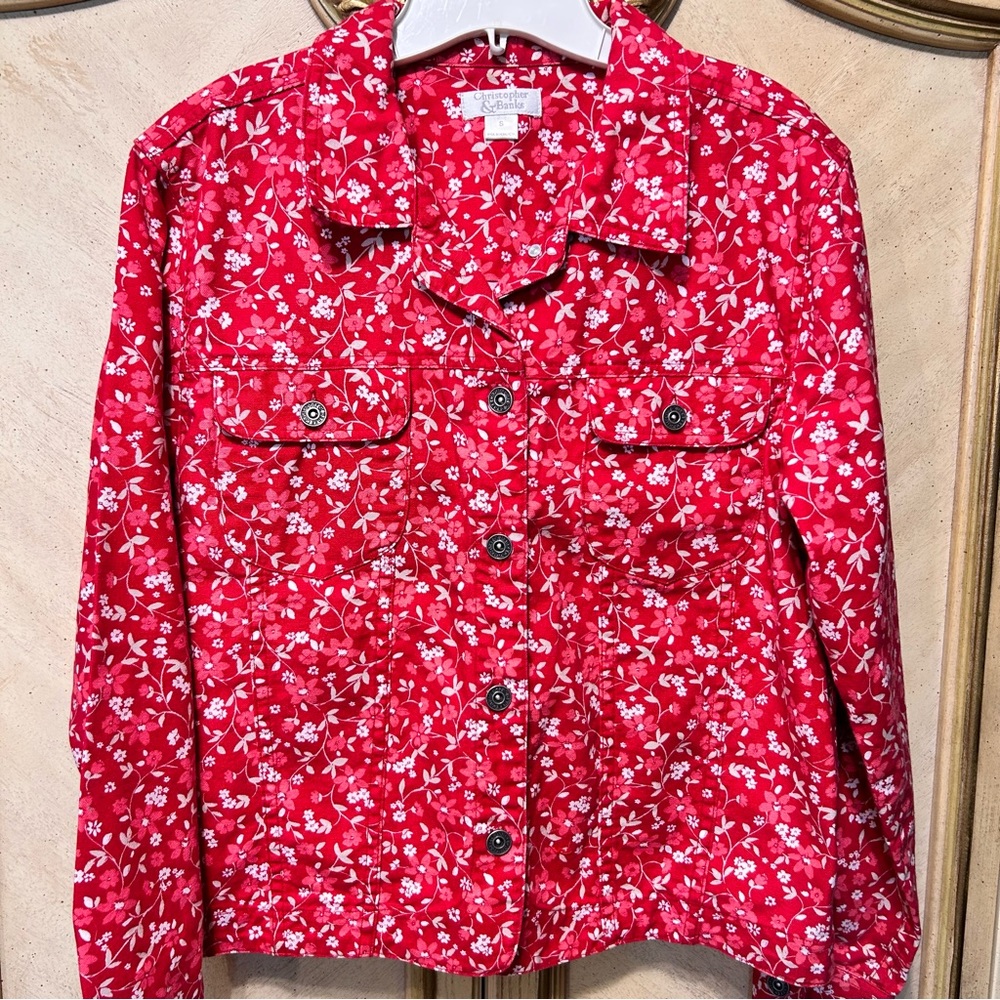 Christopher & Banks Lightweight Red Pink & White Floral Denim Jacket